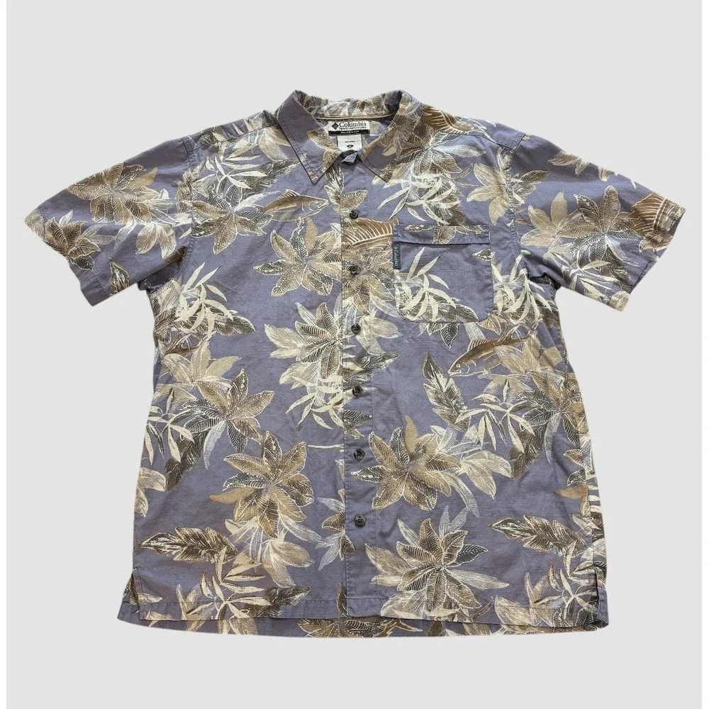 Columbia‎ Men's Medium Hawaiian Shirt 100% Cotton Palm Trees Fish Lavender Blue